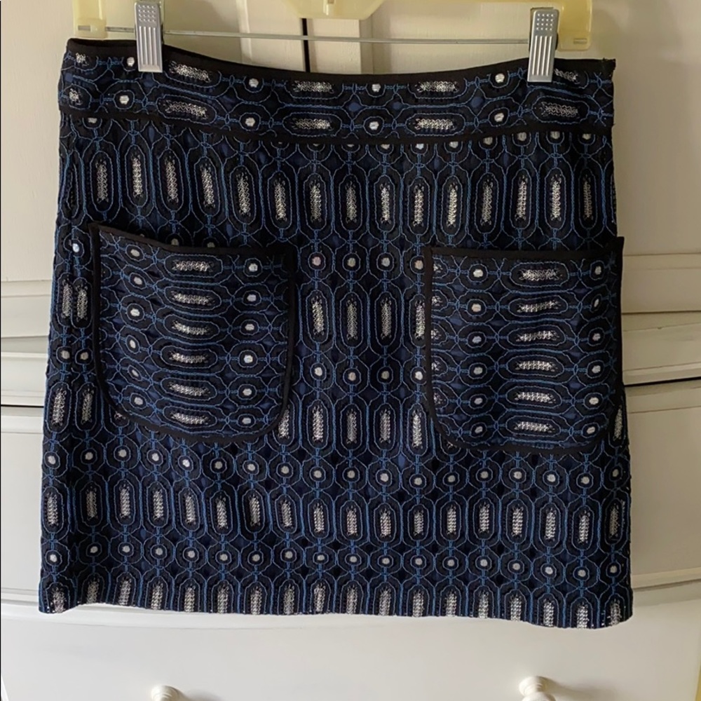 Blue, silver and black skirt with front pockets